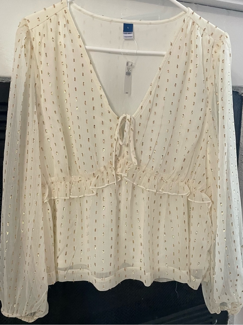 Cream Tie-Front Sheer Blouse with Gold Dot Accents